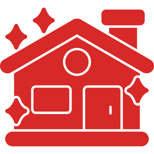 Red icon of a house with a door, a window, a circular window above the door, and a chimney. Stars around the house suggest it is clean or sparkling, emphasizing the quality of its halo roofing.