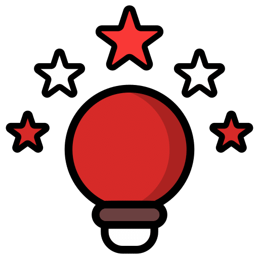 A red light bulb icon with five stars surrounding it—three red stars at the top and two white stars at the sides. The image evokes an idea or creativity concept, much like the innovative solutions you'd expect from Halo Roofing.