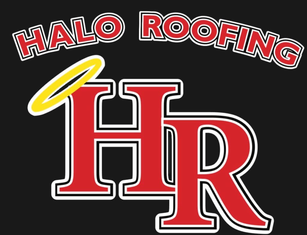 The image features the logo for "Halo Roofing." It consists of large, red interlocking letters "H" and "R" with a white and black outline. A yellow halo hovers above the "H." The words "HALO ROOFING" arc above in bold, red and white text against a black background.