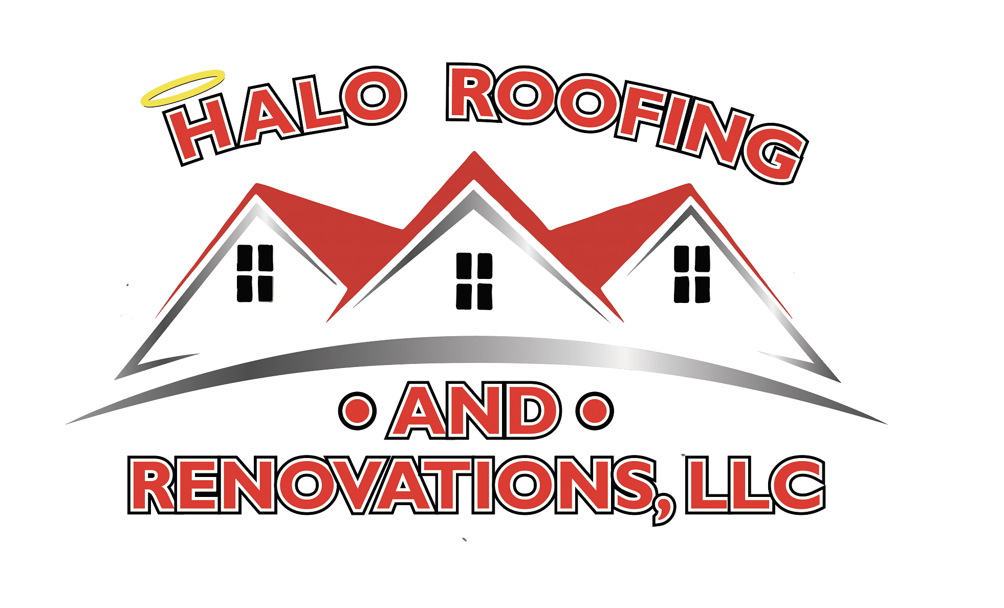 Logo for Halo Roofing and Renovations, LLC. The design features three red-roofed houses with white backgrounds, black windows, and a yellow halo above the first word. The text "HALO ROOFING AND RENOVATIONS, LLC" is displayed in bold red and black letters, emphasizing their roofing expertise.