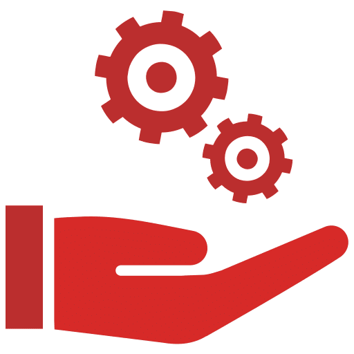 A red icon depicting an open palm holding two gear wheels above it, symbolizing support, service, or technical assistance. The gears are different sizes and positioned as if in motion, mirroring the precision and reliability you expect from roofing services.