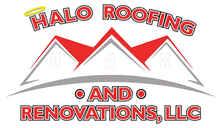 Logo for Halo Roofing and Renovations, LLC, featuring three red-roofed houses with white windows arranged in a row, a yellow halo over the word "Halo," and the text "Halo Roofing" in red, "and Renovations, LLC" in grey and red below the houses.