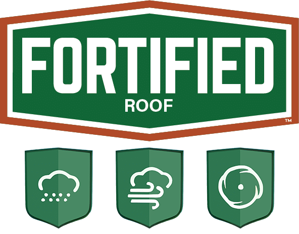 Green logo with the word "FORTIFIED" in bold white letters, followed by "ROOF" underneath. Below are three green shield icons. First shield depicts hail, second shows wind, and third illustrates a hurricane symbol.