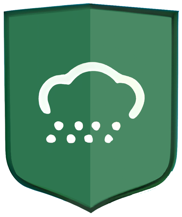 A green shield-shaped emblem with white cloud with falling hail stones, representing high winds. The design symbolizes roof protection against hail.