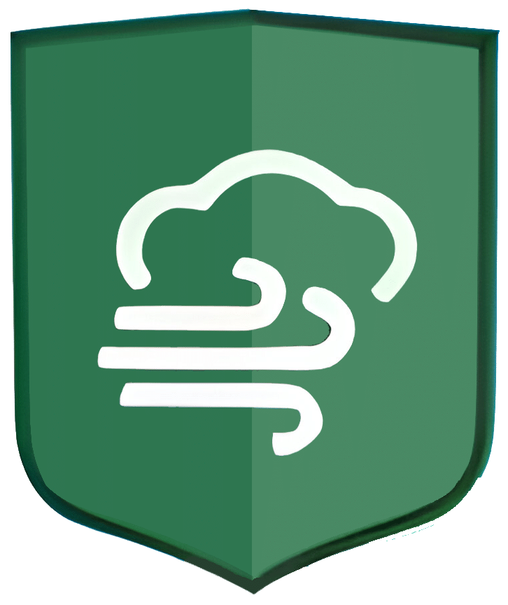 A green shield-shaped emblem with a white cloud and three horizontal wavy lines below it, representing wind. The design likely symbolizes air or weather-related themes.