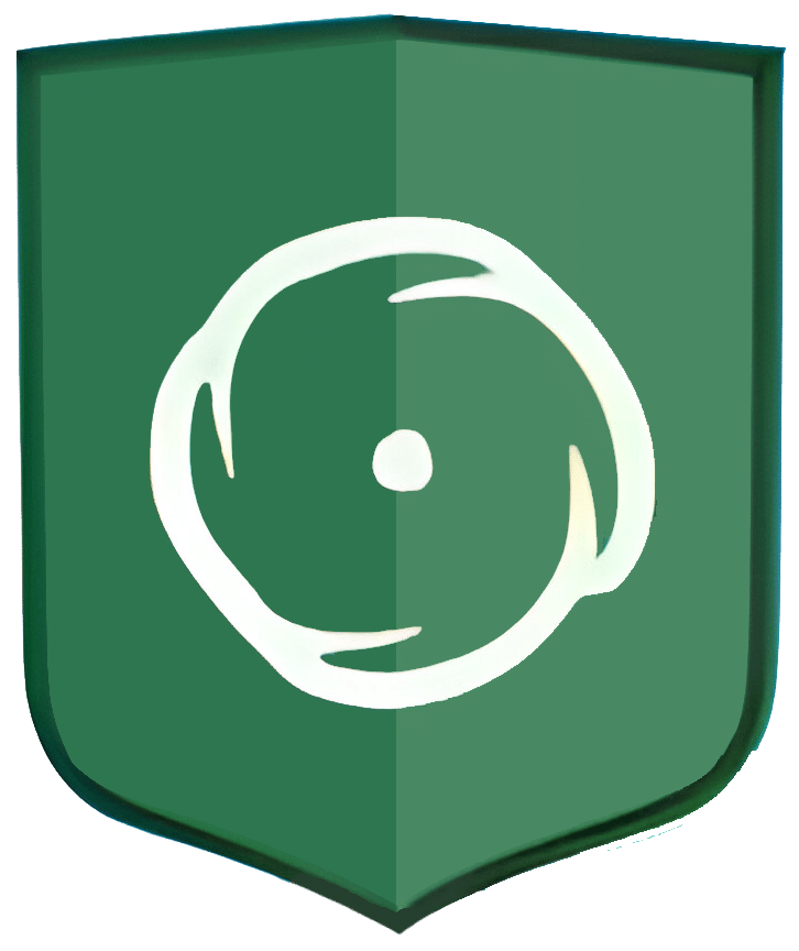 A green shield-shaped emblem with white stylized circle, representing a hurricane. The design symbolizes roof protection against hurricanes.